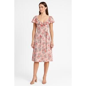Rebecca Taylor Light Pink Short Sleeve Ruffled Neckline Knee Length Floral Dress